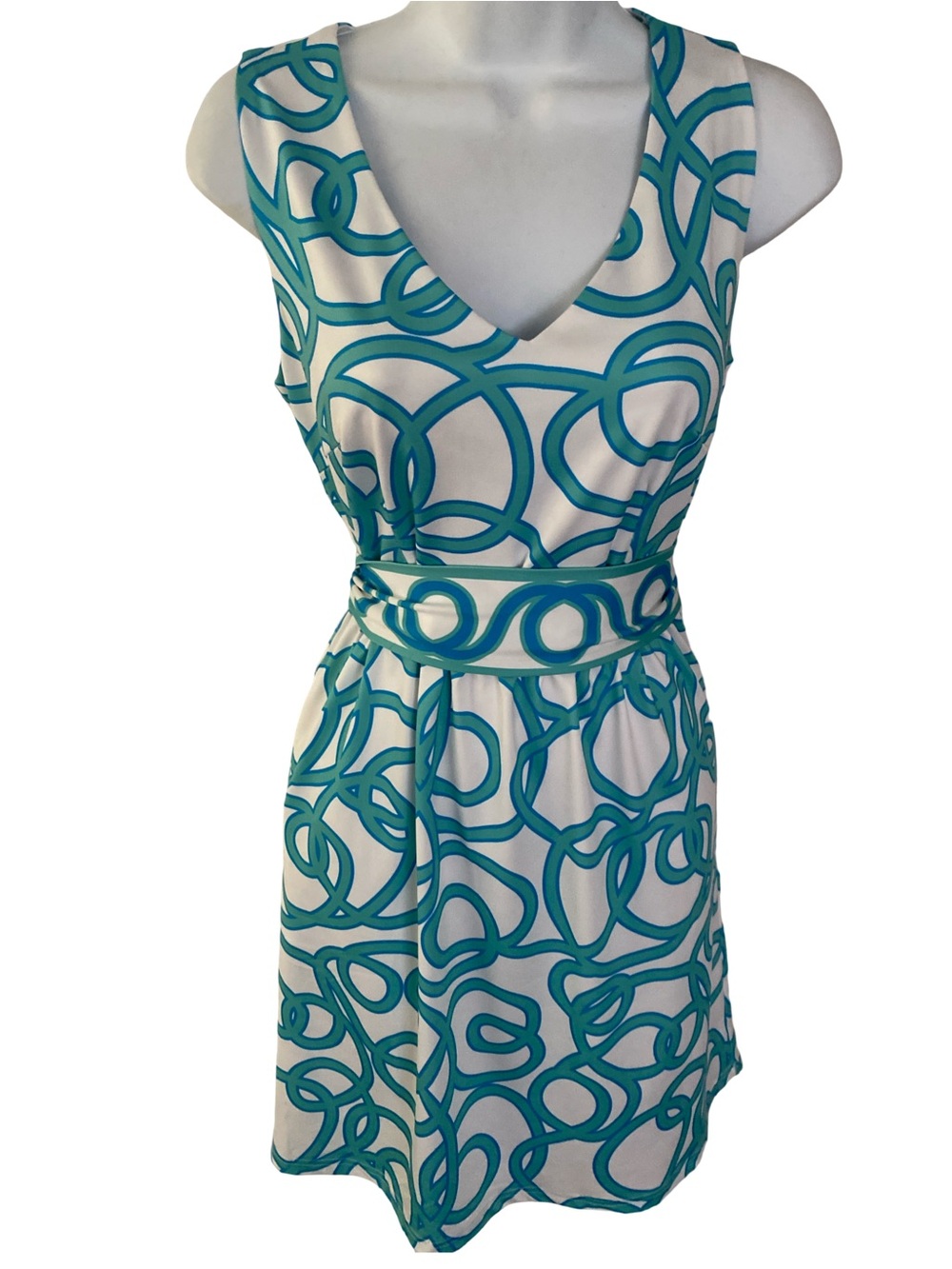 Gretchen Scott Designs Teal and White Sleeveless V-Neck Printed Dress-S